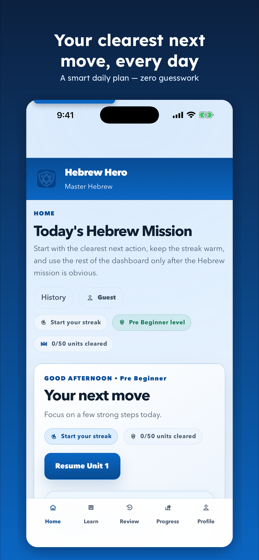 Hebrew Hero home dashboard showing today's Hebrew mission and streak